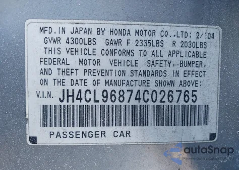 2004 Acura Tsx z USA, uszkodzony, nr VIN JH4CL96874C026765